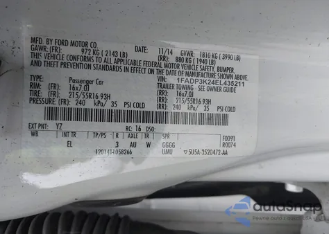 2014 Ford Focus Se from USA, damaged, VIN 1FADP3K24EL435211